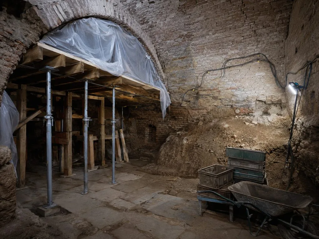 Scaffolding, props and monitoring equipment in the working excavation